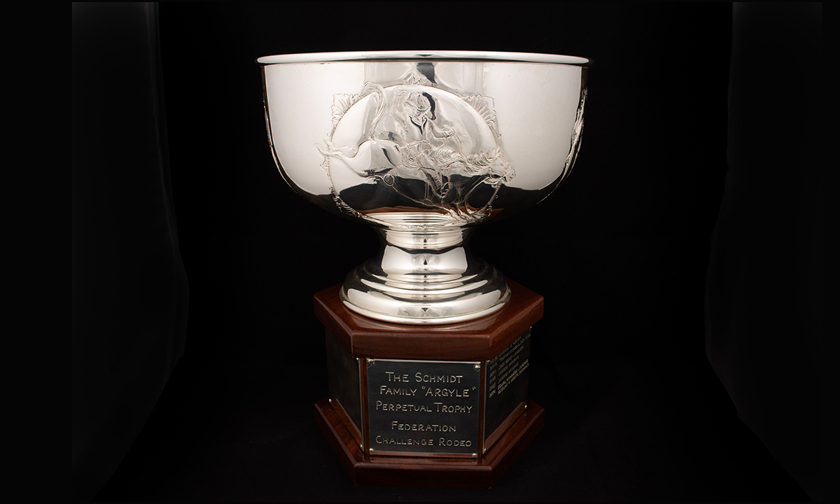 Silver bowl with hand chased design on four sides representing the four components of the Federation Challenge, mounted on a hexagonal wooden base. First presented in 2018. 