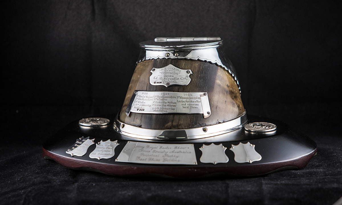 1930s horse hoof made into an inkwell with sterling silver embellishment. The trophy includes two silver medals from the Shire Horse Society UK and is mounted on a black lacquered wooden base.  First awarded in 2014.