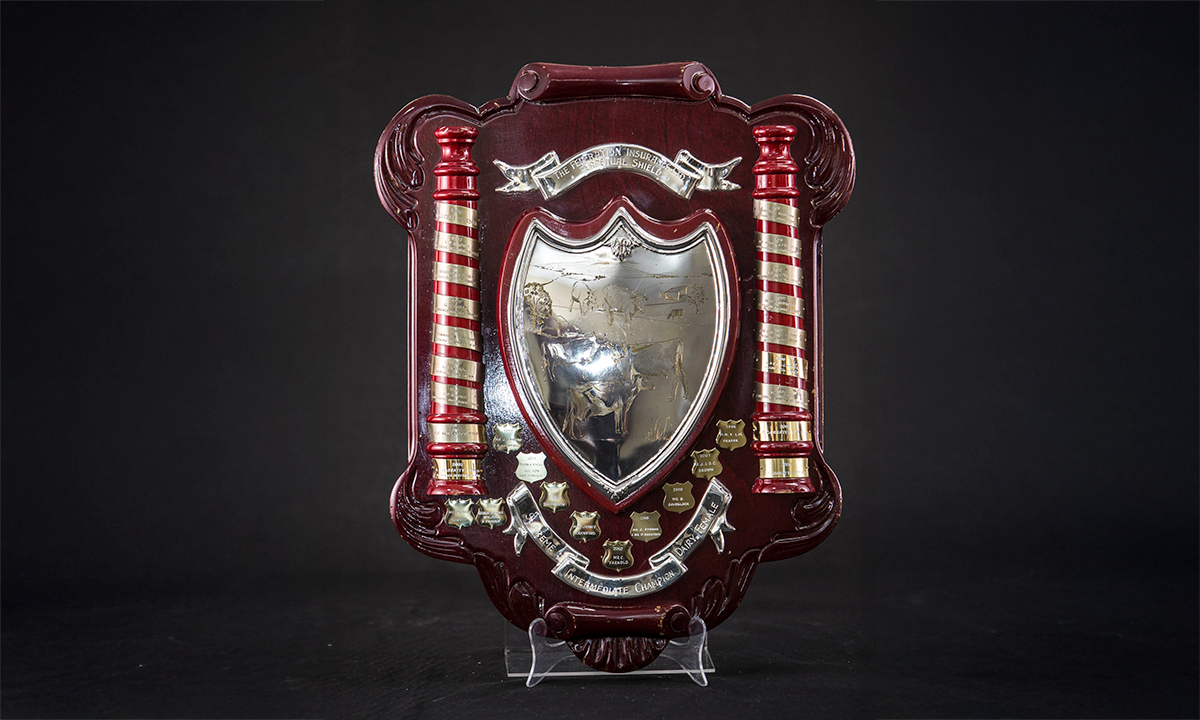Red-stained wooden shield, with one large silver plate in the centre, engraved with a coat of arms. Small silver plates are attached around the centre plate. First awarded in 1986.