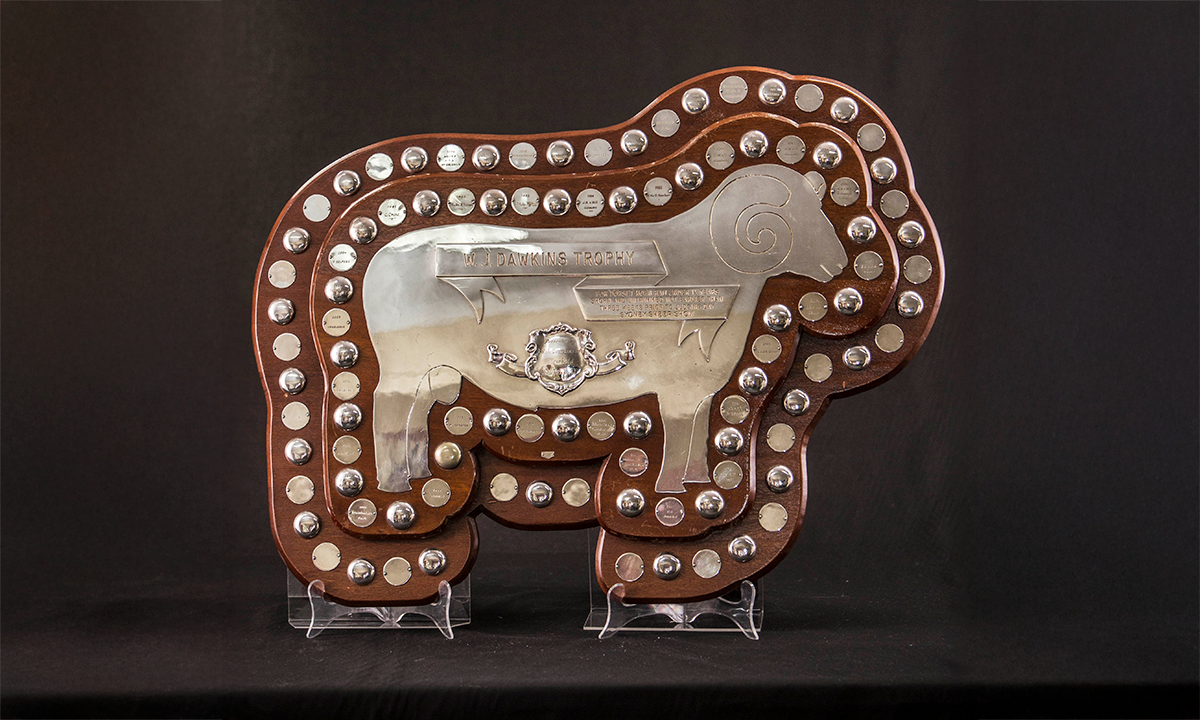 A sheep-shaped cedar plinth with sterling silver mounts in the form of a ram. First awarded in 1955.
