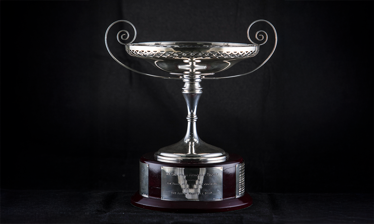 Shallow silver cup with a detailed border and curled scroll handles, raised on a wooden base. First presented in 1994. 