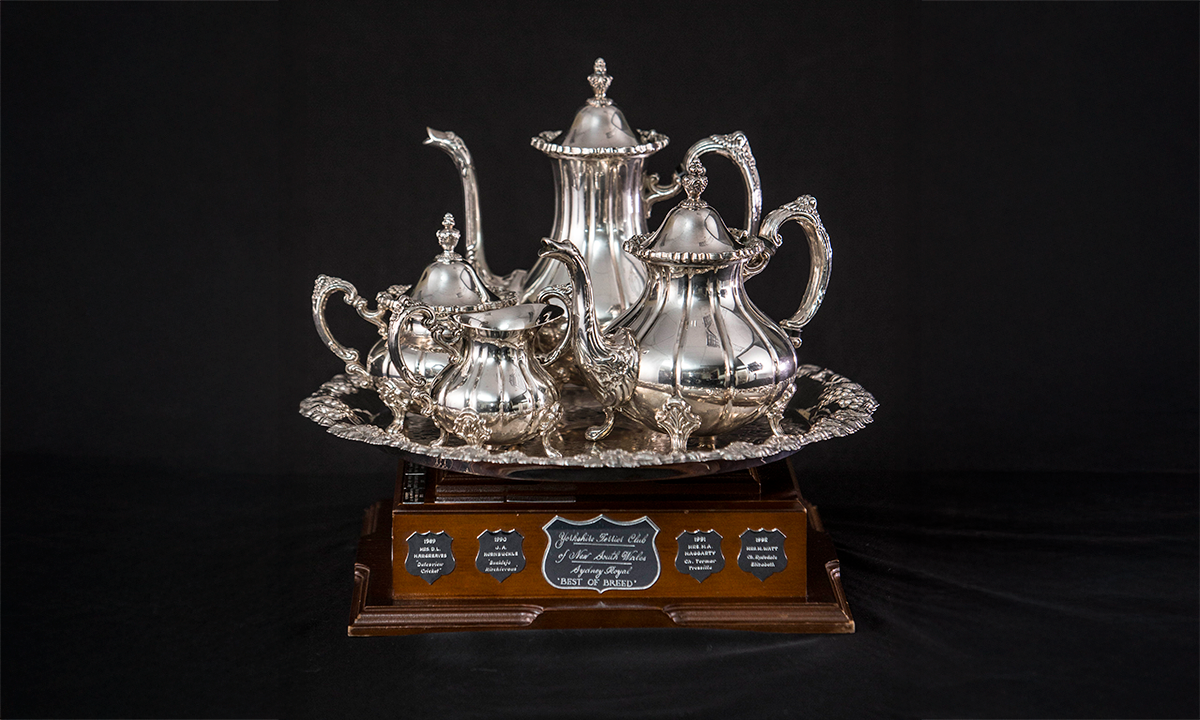 A four-piece silver tea set, on a circular plate, resting upon a square raised timber wooden base. First awarded in 1989.